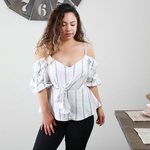 Cold Shoulder White Striped Blouse
